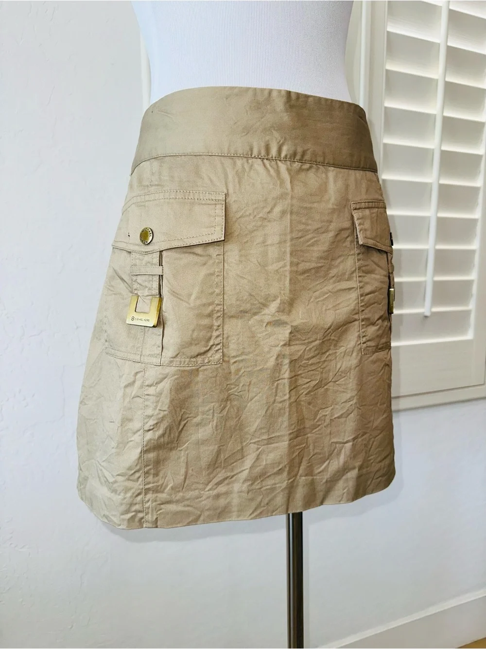 MICHAEL KORS 14~KHAKI UTILITY CARGO MINI SKIRT~FRONT FLAP POCKETS GOLD DETAILS